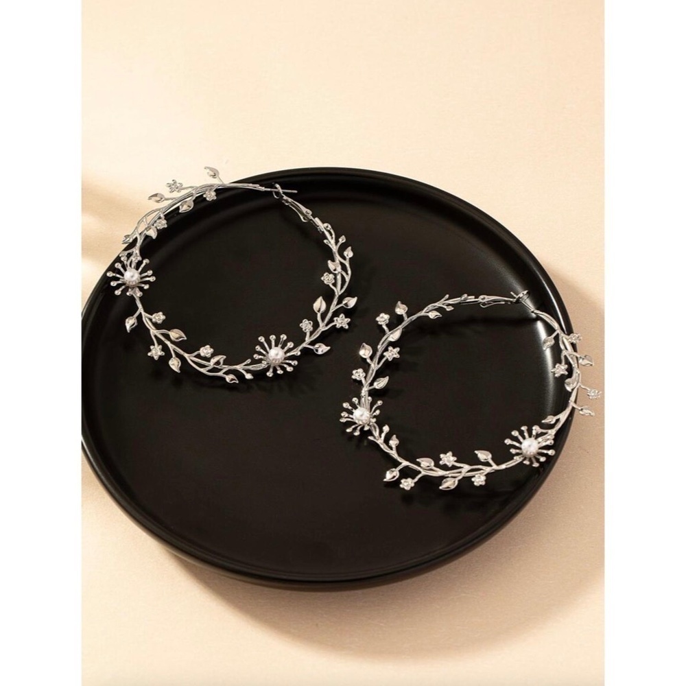 Silver Leaf & Pearl Hoop Earrings Large Round Floral Boho Circle Pearls Coquette